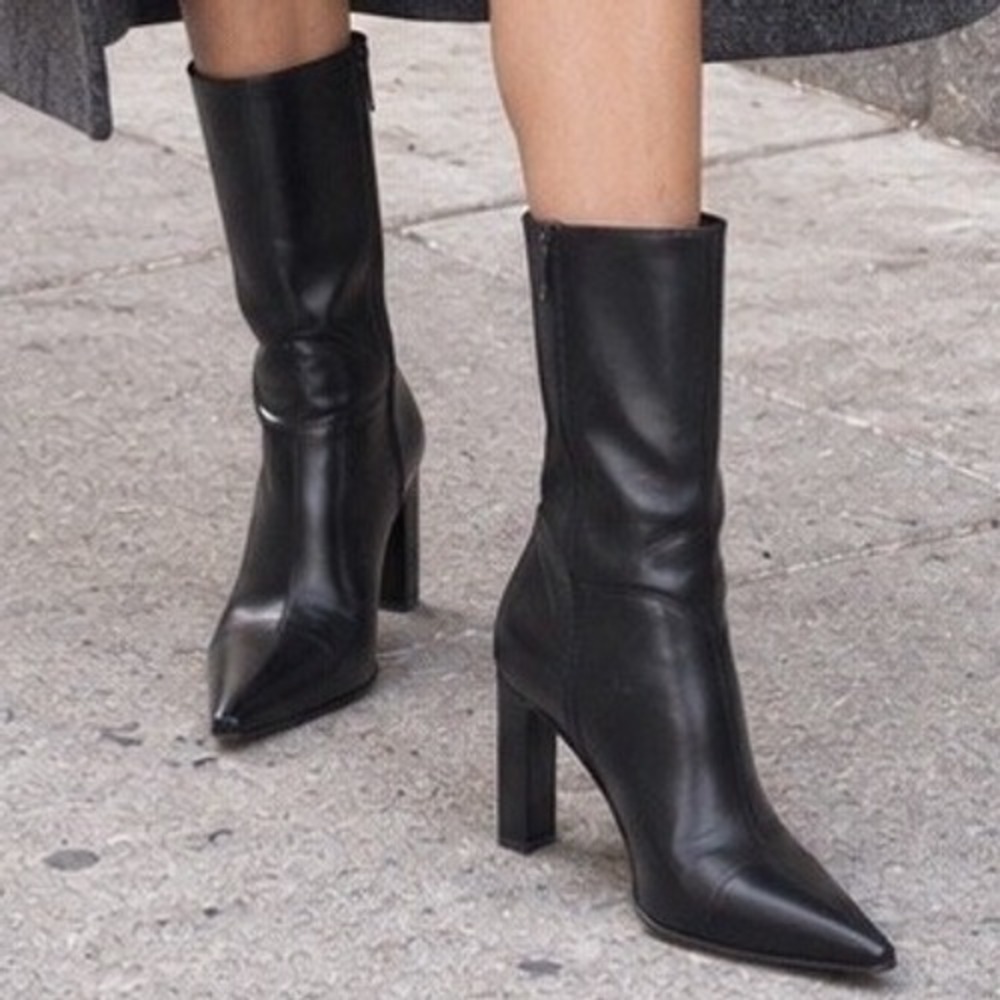 H&M Black Pointed Toe Mid Calf Boots EU 40 US 9 Back Zip Y2K Office Siren